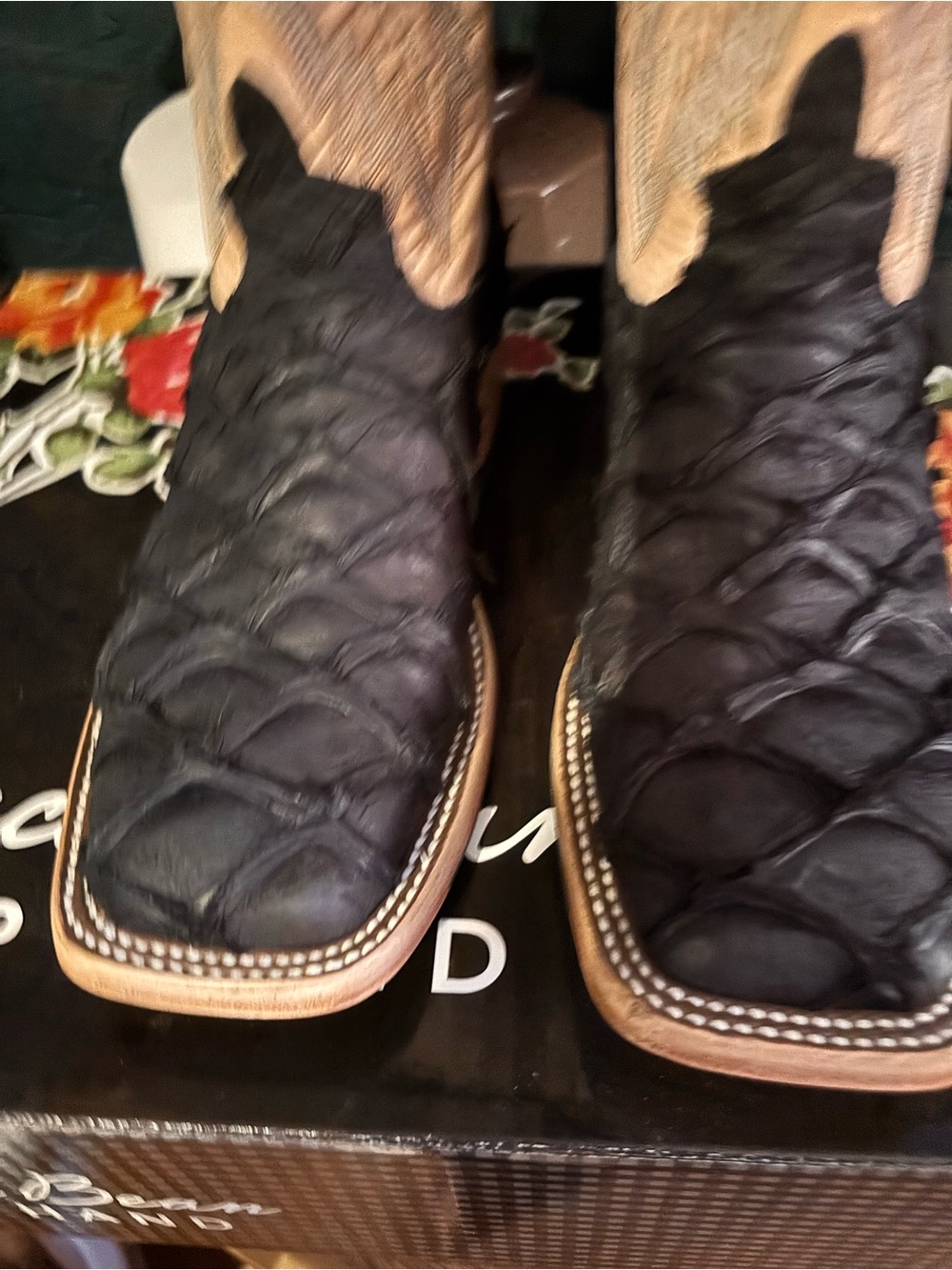 Macie Bean Two-Tone Western Boots — Black & Tan Exotic Amazonian Big Bass - Picture 5 of 15